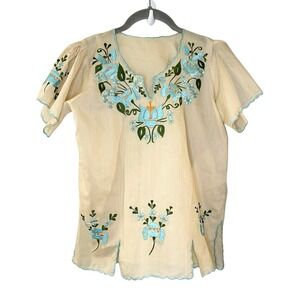 Vintage 70s Oaxacan Embroidered Floral Peasant Blouse Handmade Tan Blue Boho S